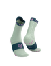 compressport pro racing trail socks, quarter length compression trail running sock, light turquoise with dark turquoise band and purple detail, pair of trail socks front and heel of sock