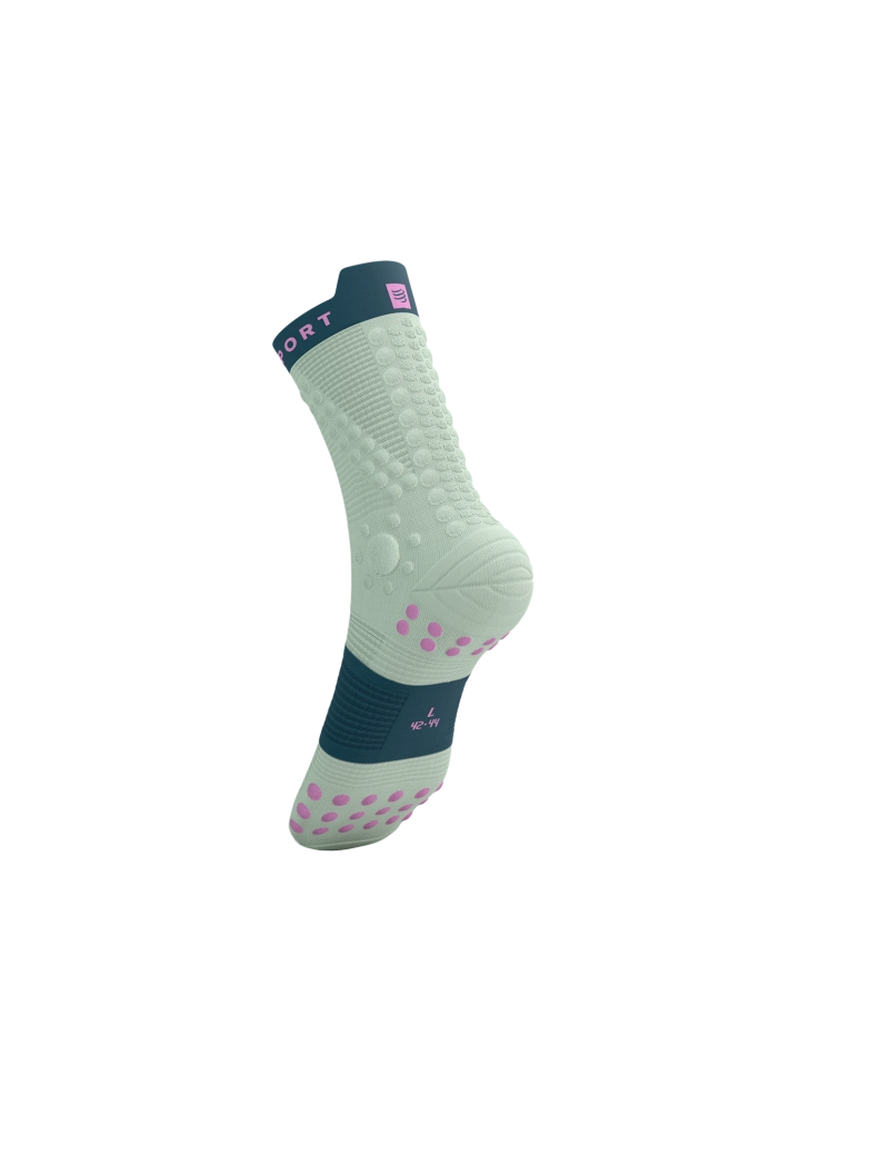 compressport pro racing trail socks, quarter length compression trail running sock, light turquoise with dark turquoise band and purple detail, trail sock back heel of sock