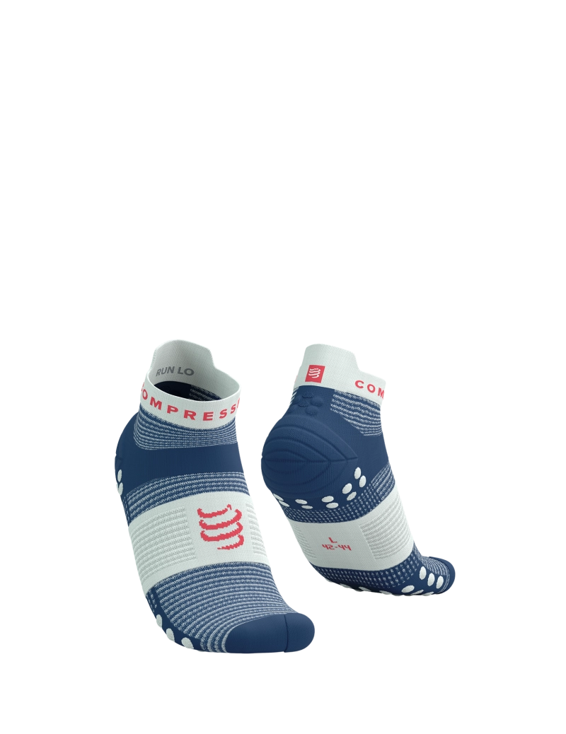 compressport pro racing socks low, breathable short ankle running sock, dark blue colour with white bands and dots, pair of blue and white running socks with red logo
