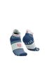 compressport pro racing socks low, breathable short ankle running sock, dark blue colour with white bands and dots, pair of blue and white running socks with red logo