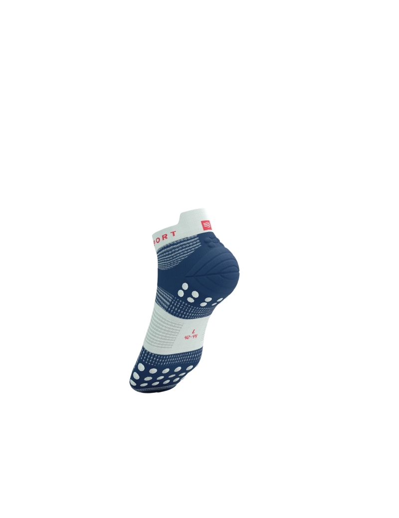 compressport pro racing socks low, breathable short ankle running sock, dark blue colour with white bands and dots, pair of blue and white running socks with red logo