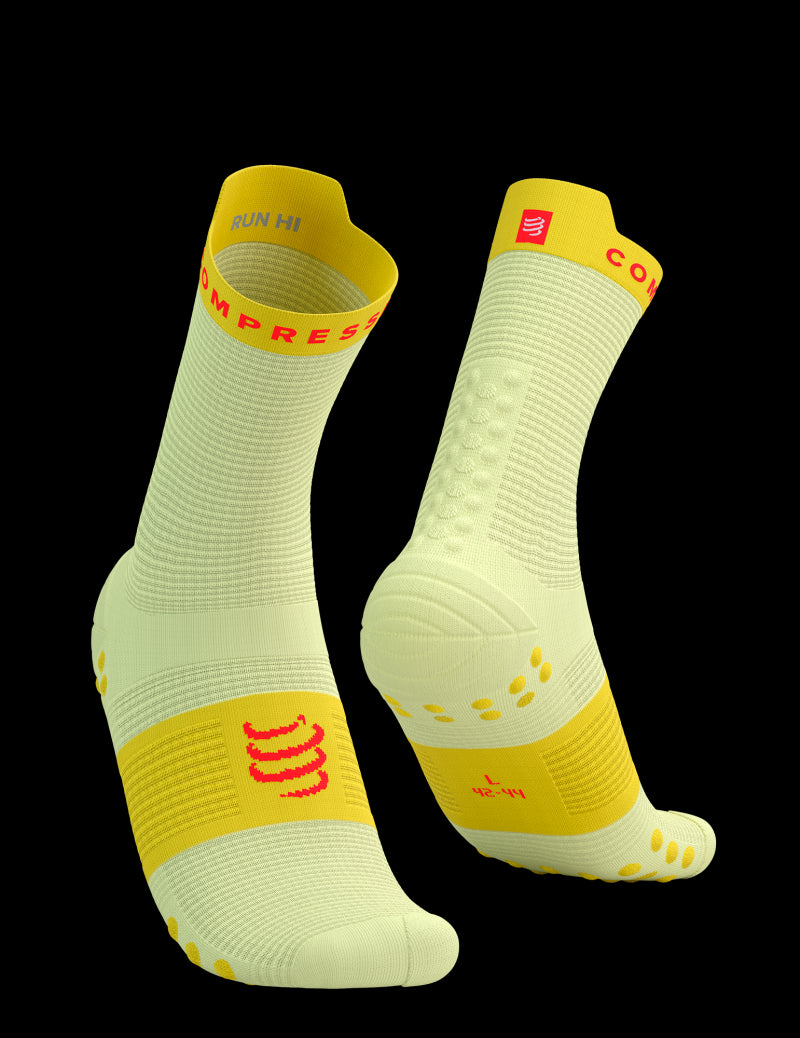 compressport pro racing socks v40 run high elf yellow fluo red front and back