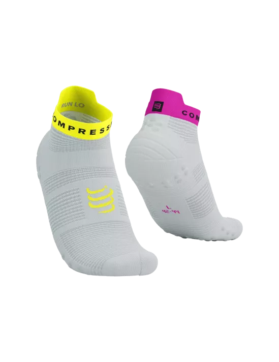 Compressport Pro Racing socks v4, low cut running socks, white with pink and yellow