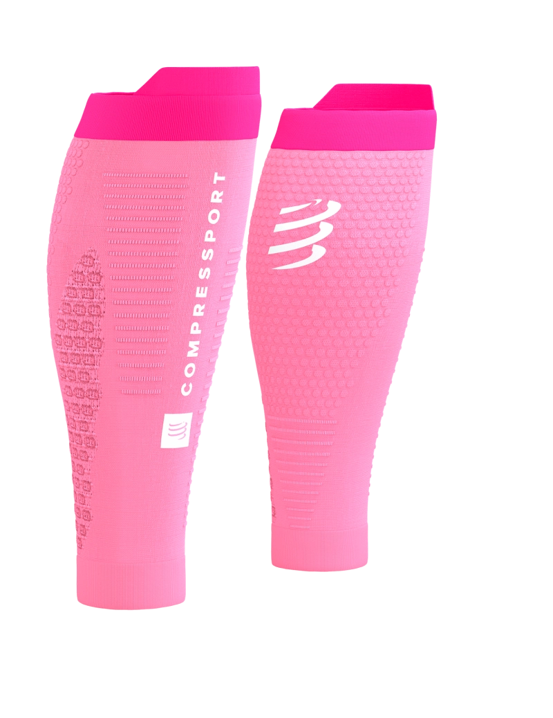 compressport R2 3.0 calf sleeves, offering a high level of muscle support and reduced muscle inflammation and vibration. picture of light pink pair.
