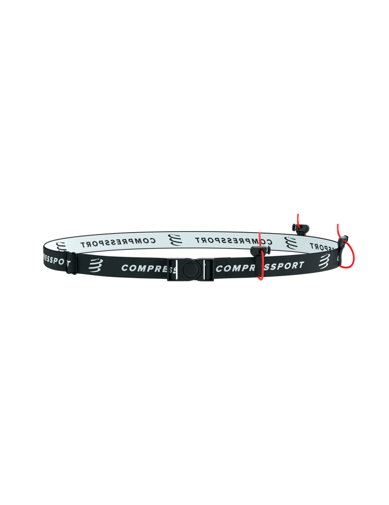 compressport race belt, belt for holding race number, black colour with white compressport logo, belt on a white background