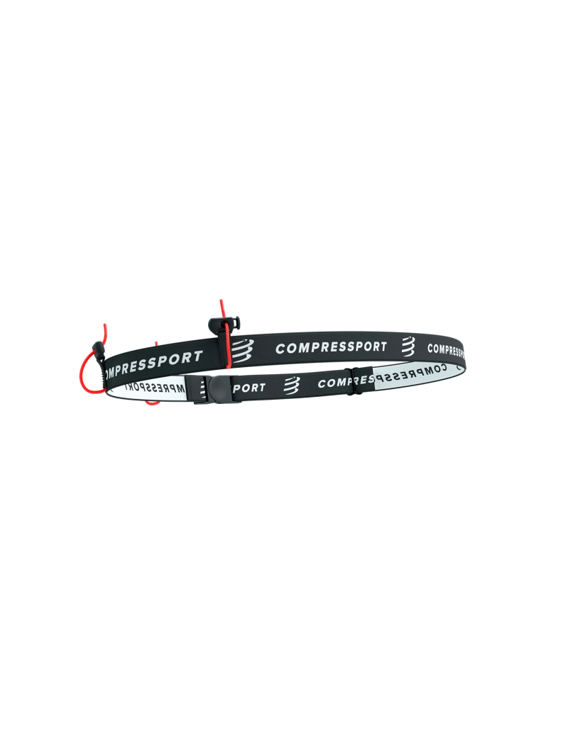 compressport race belt, belt for holding race number, black colour with white compressport logo, belt on a white background