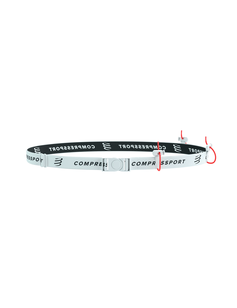 compressport race belt, belt for holding race number, white colour with black compressport logo, belt on a white background