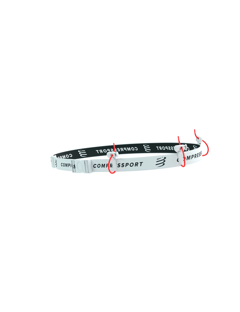 compressport race belt, belt for holding race number, white colour with black compressport logo, belt on a white background