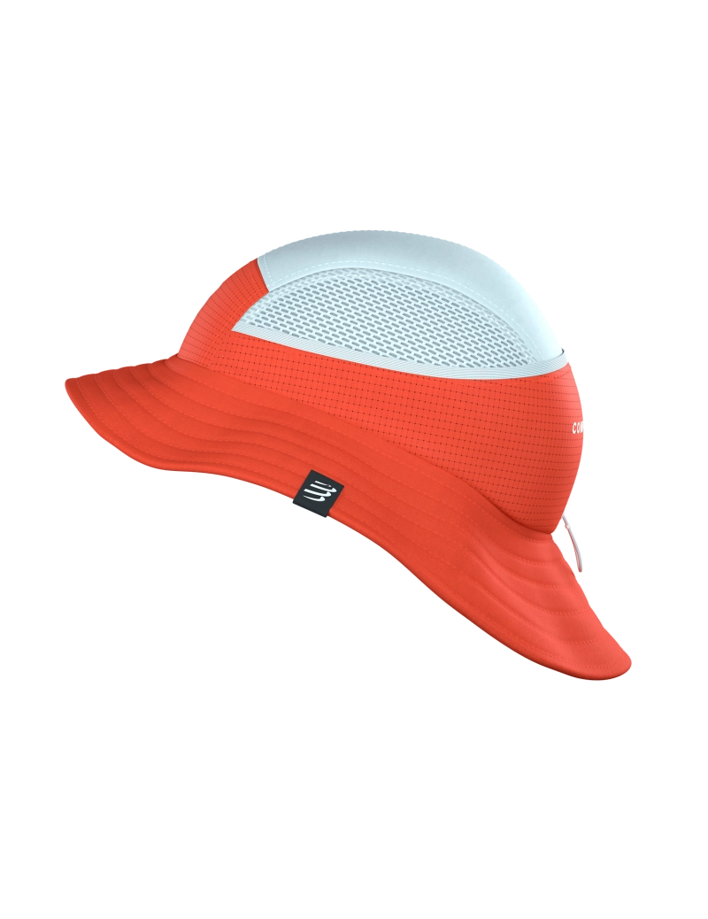 compressport stayfresh ice bob hat, red and light blue running bucket hat with ventilation and sun protection, side of hat