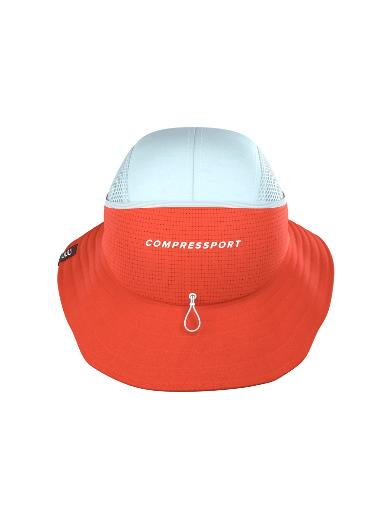 compressport stayfresh ice bob hat, red and light blue running bucket hat with ventilation and sun protection, back of hat