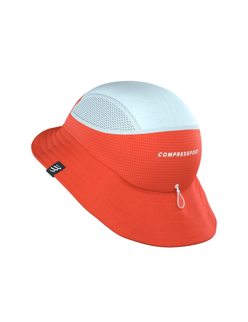 compressport stayfresh ice bob hat, red and light blue running bucket hat with ventilation and sun protection, side angle of hat