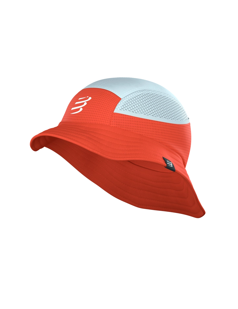 compressport stayfresh ice bob hat, red and light blue running bucket hat with ventilation and sun protection 