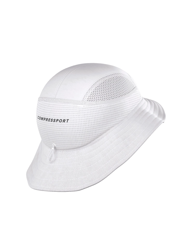 compressport stayfresh ice bob hat, white running bucket hat with ventilation and sun protection, back side of hat