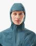 compressport tempest waterproof jacket for women, lightweight breathable and packable, dark aqua blue colour, up close of hood