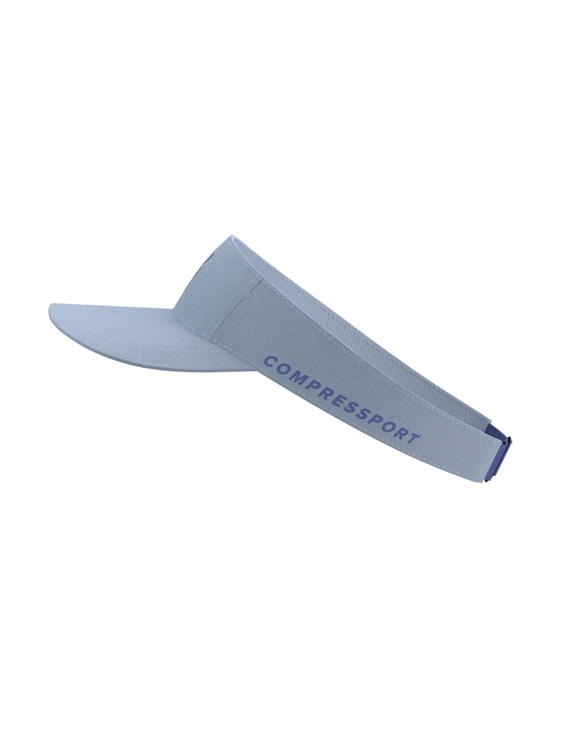 compressport visor for all gender, race orientated visor with adjustable headband for sun protection, lavender colour with purple logo, side view