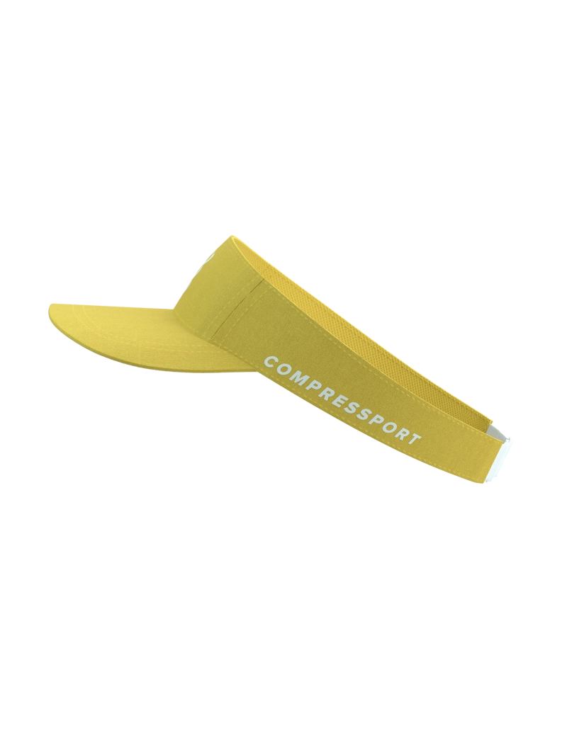 compressport visor for all gender, race orientated visor with adjustable headband for sun protection, lemon yellow colour with white logo, back view