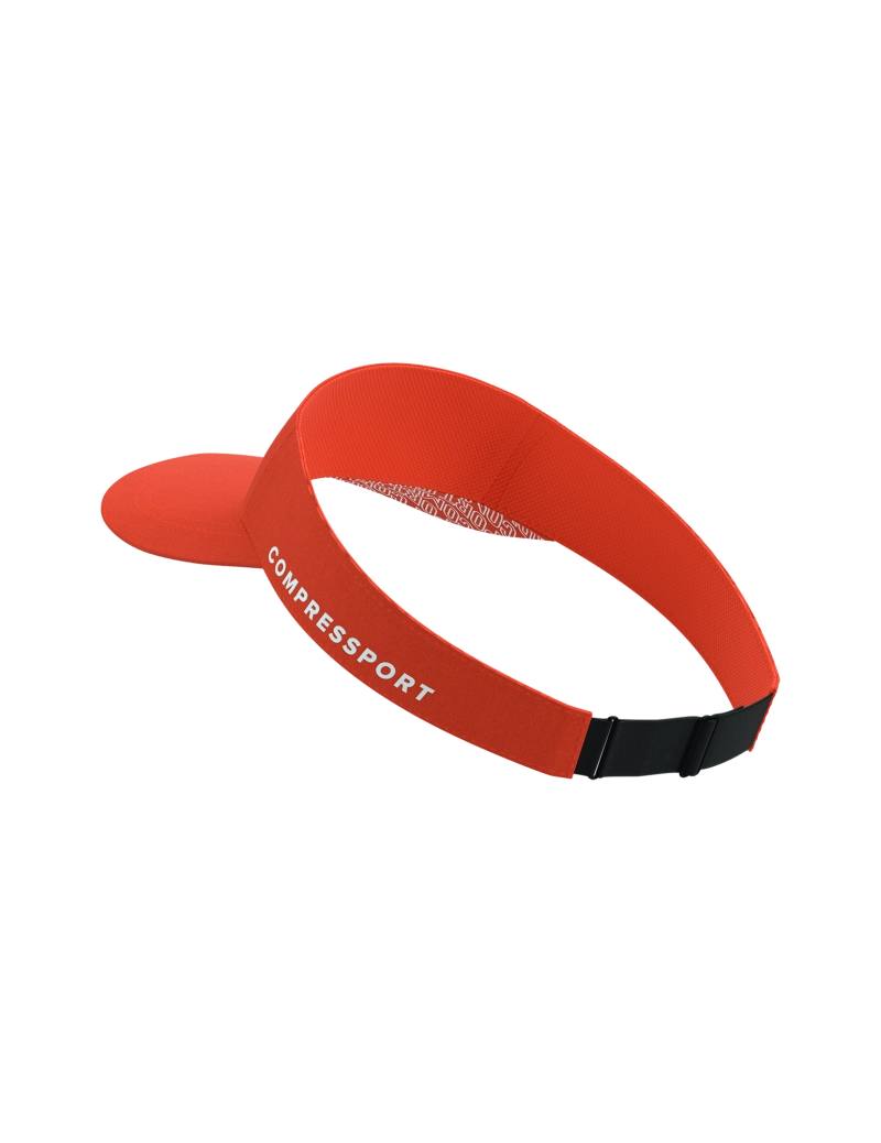 compressport visor for all gender, race orientated visor with adjustable headband for sun protection, red colour with white logo, back view