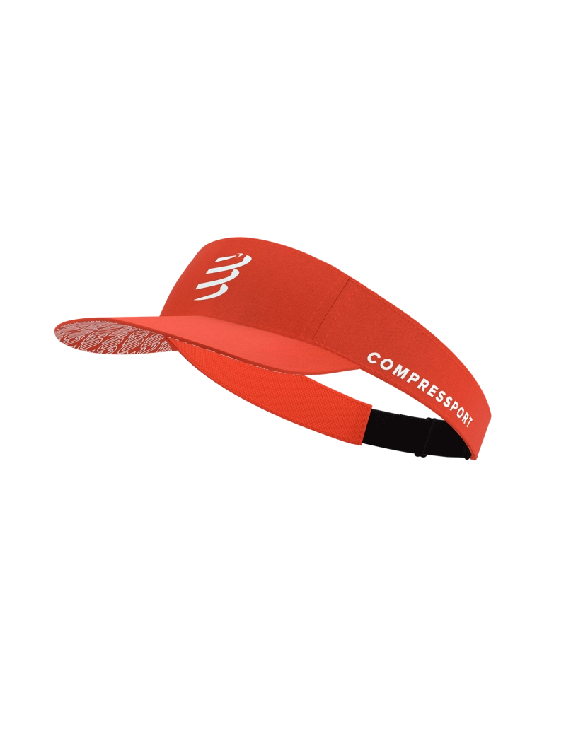 compressport visor for all gender, race orientated visor with adjustable headband for sun protection, red colour with white logo