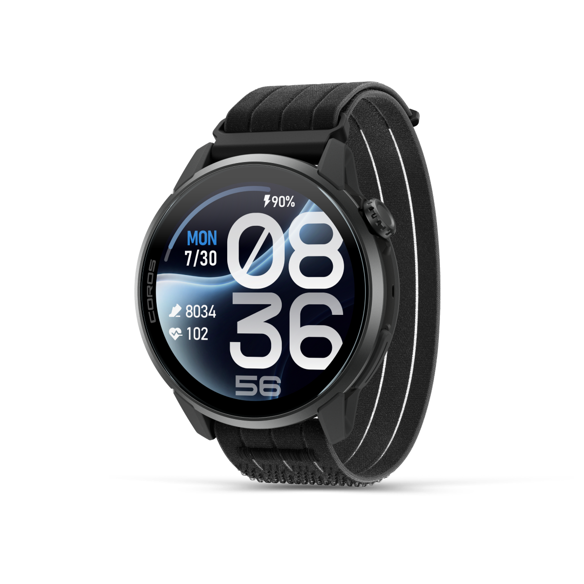 coros pace 4 pro, smart running watch with gps features, black with nylon strap, front side profile of watch