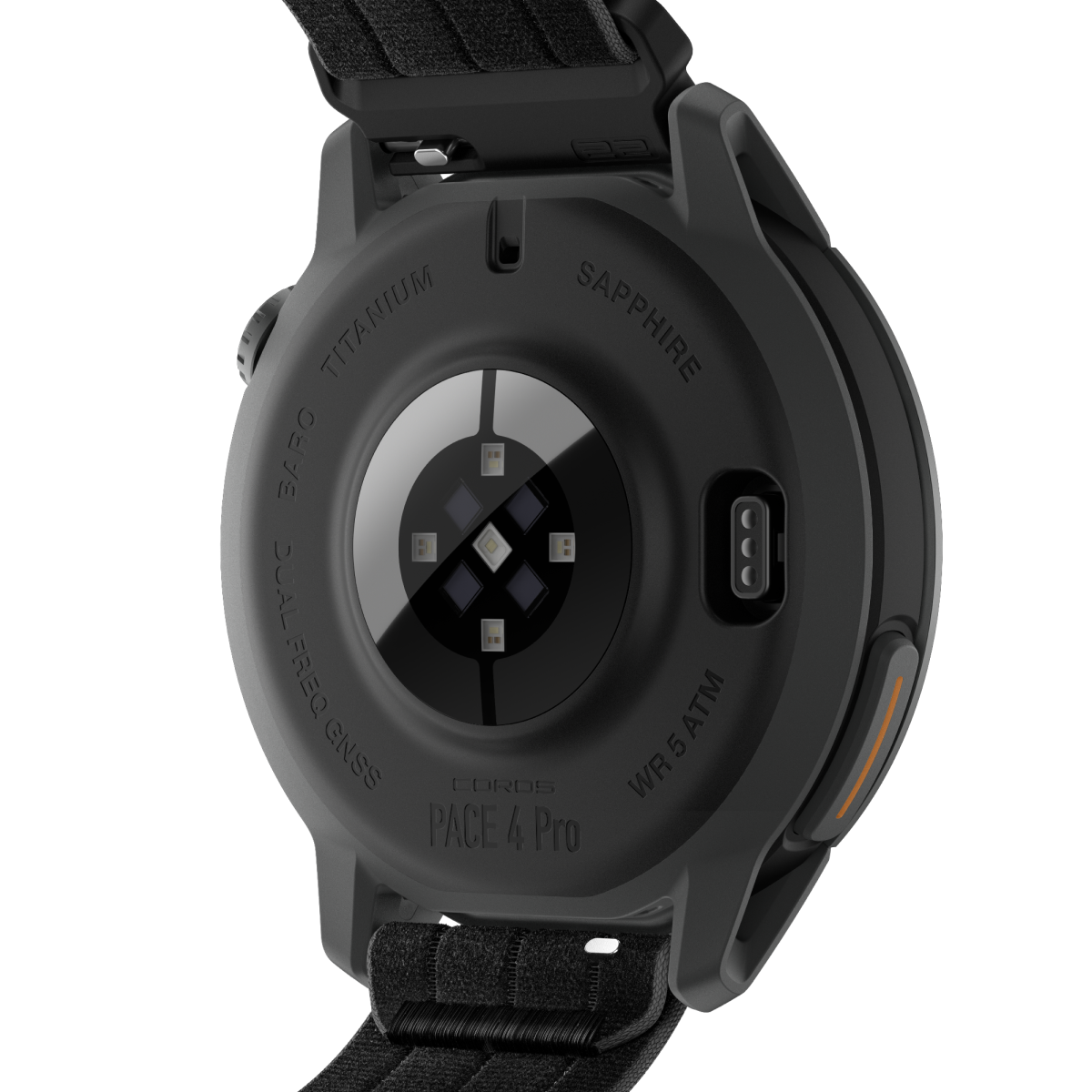 coros pace 4 pro, smart running watch with gps features, black with nylon strap, back of watch 