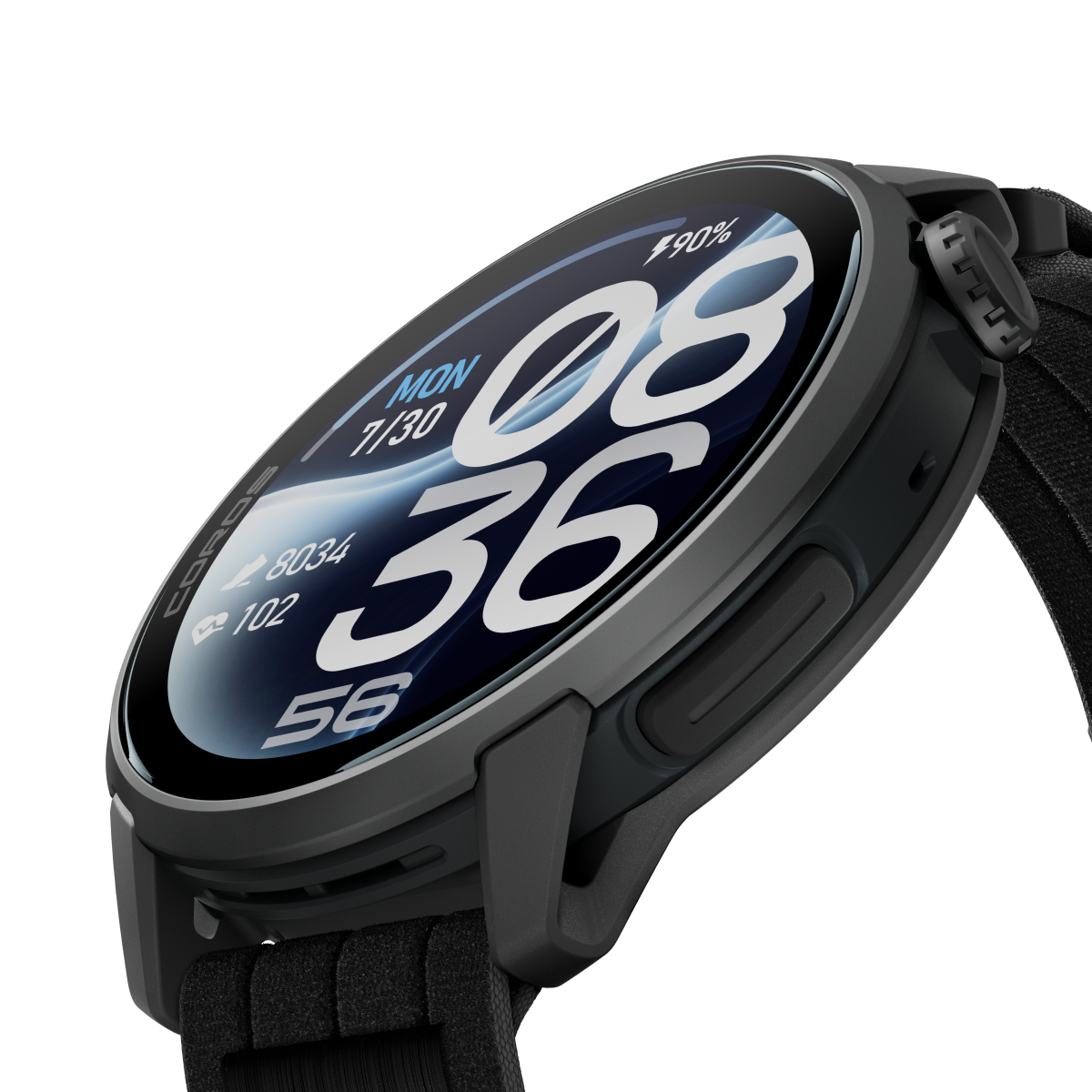 coros pace 4 pro, smart running watch with gps features, black with nylon strap, close up of watch face 
