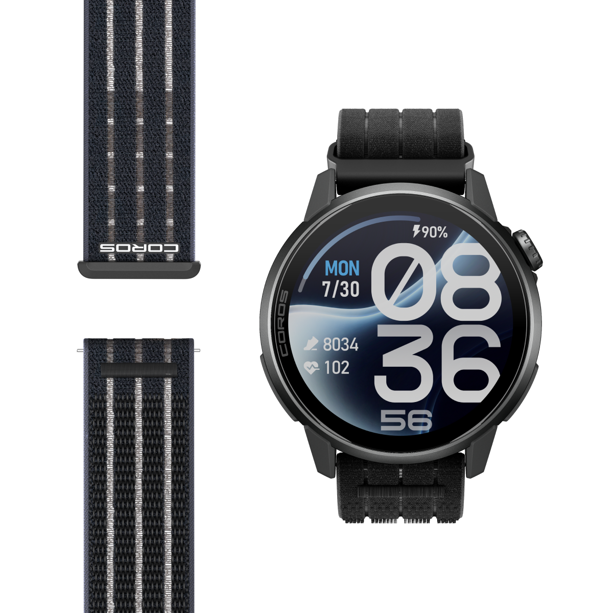 coros pace 4 pro, smart running watch with gps features, black with nylon strap, watch face with strap