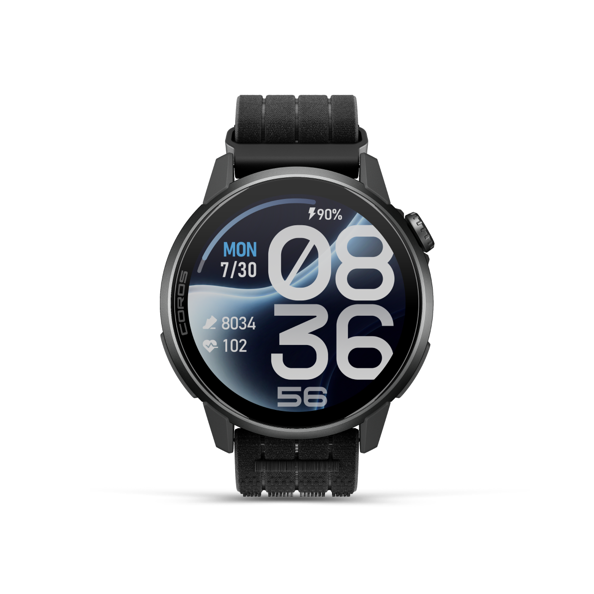 coros pace 4 pro, smart running watch with gps features, black with nylon strap, front face of watch 