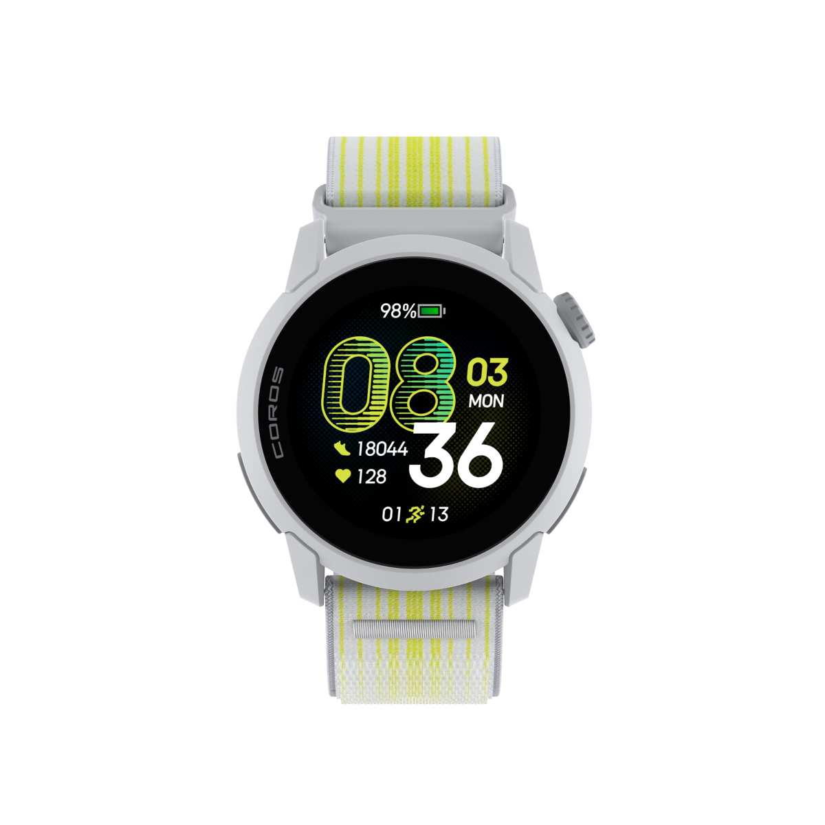 oros pace 4 white watch strap with lime striped details, front face of watch and strap
