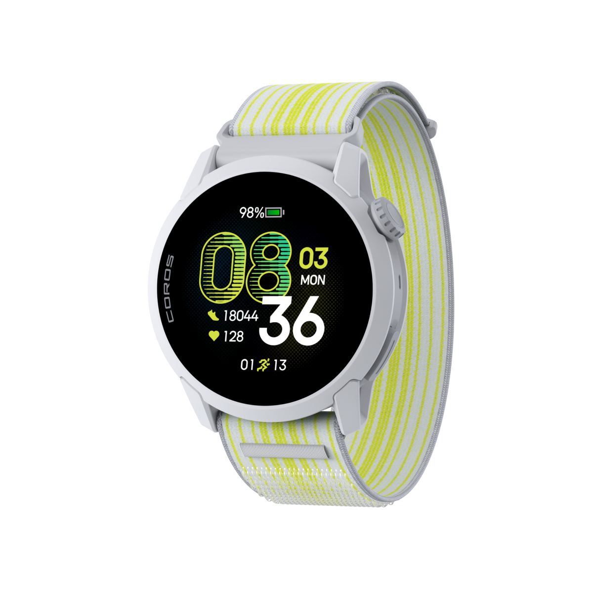 coros pace 4 white watch strap with lime striped details, front face of watch and strap angled to the side
