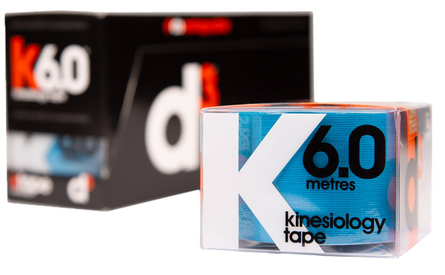 Kinesiology tape for injury recovery and support, blue tape in clear box with black white and orange details