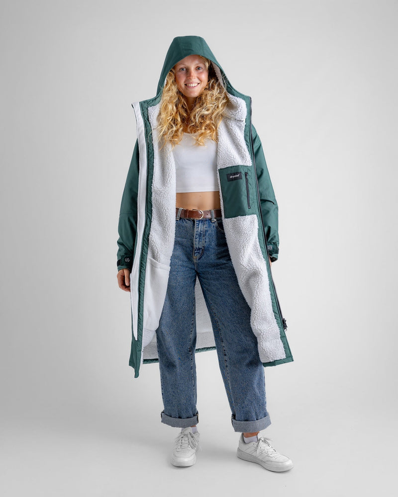 woman wearing new colour green in dryrobe long sleeve advance