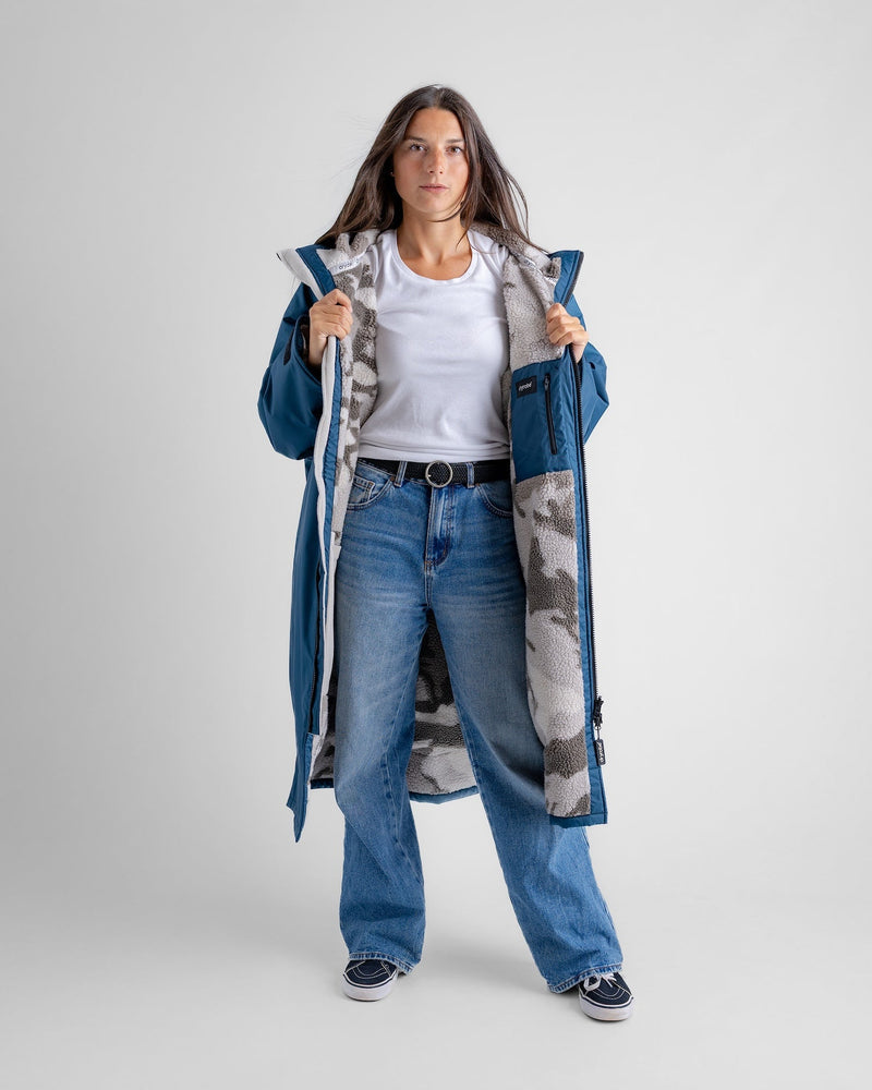 woman wearing new colour blue long sleeve dryrobe with camo lining