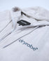dryrobe towel robe for men and women, full zip towel robe for after swimming, light grey white colour with grey sleeve caps, close up of zipper on flat dryrobe