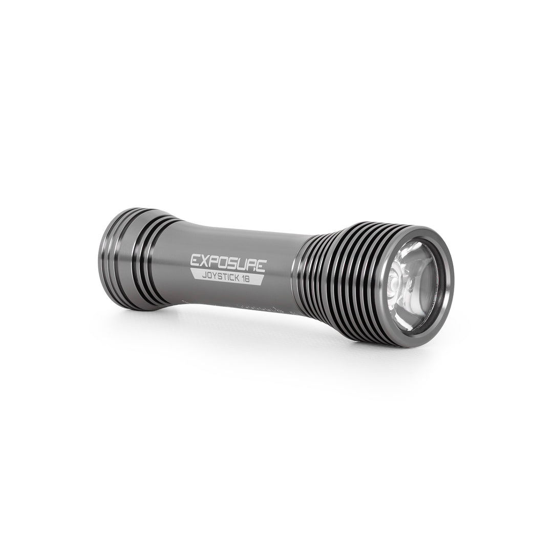 exposure lights joystick 18, grey silver light laying down with white background
