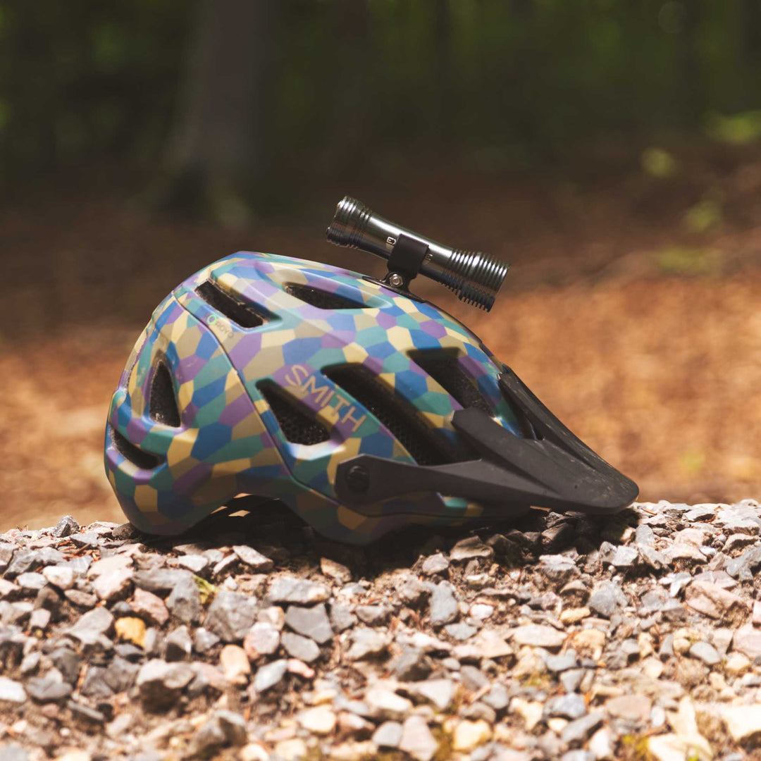 exposure lights joystick 18, mountable torch for ontop of helmet, side profile of light mounted ontop of helmet