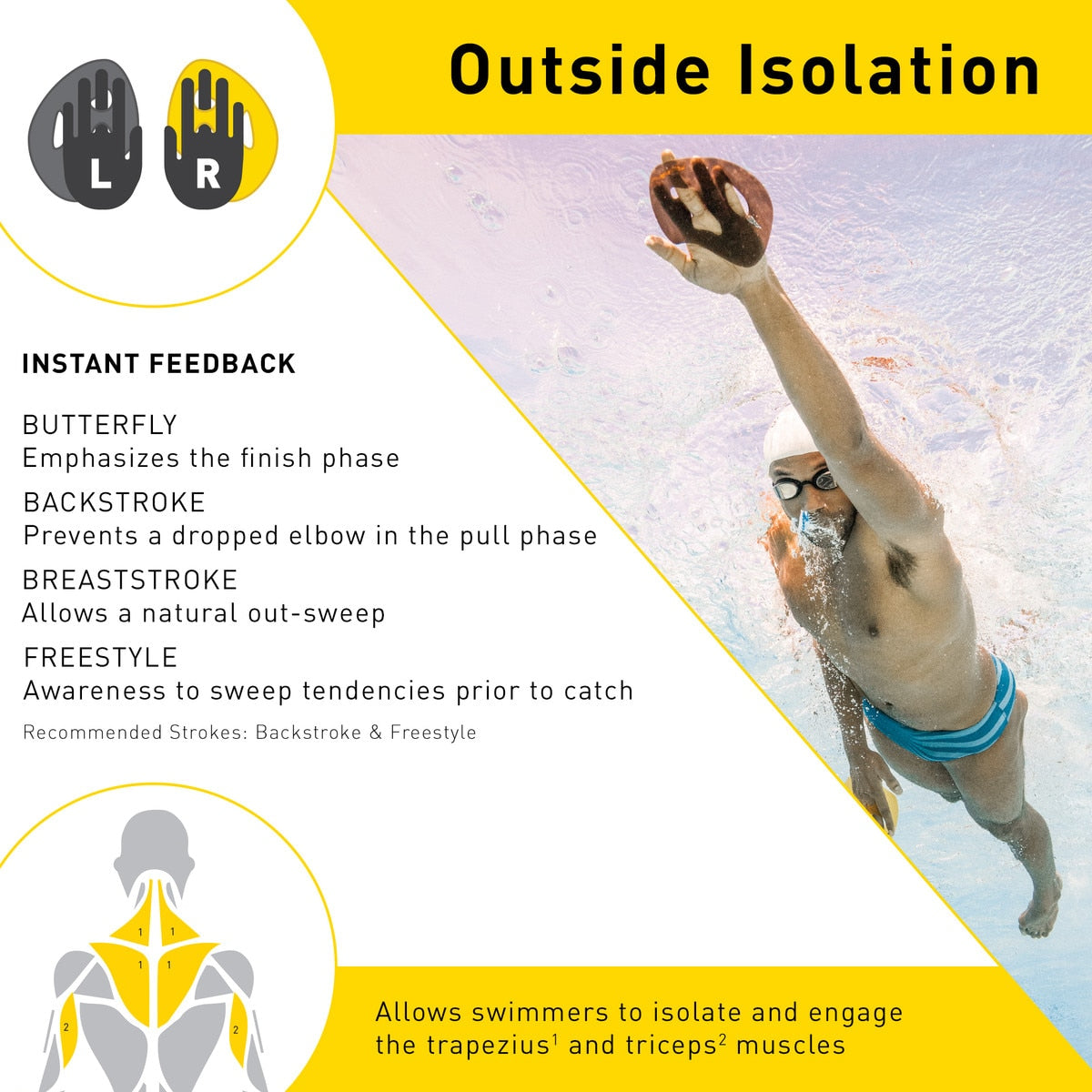 Swimmer performing front crawl with text on strokes and muscle engagement.