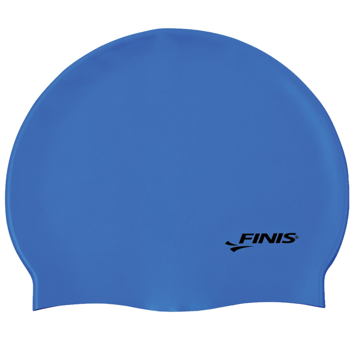 Blue swim cap with black 'FINIS' logo on a white background