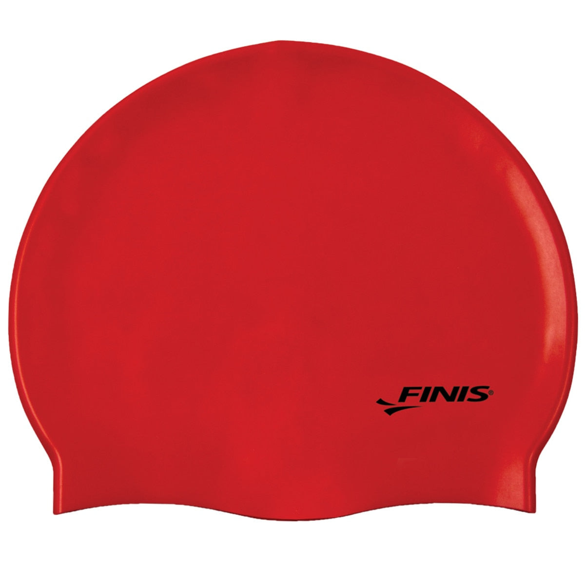 Red swim cap with black 'FINIS' logo on a white background