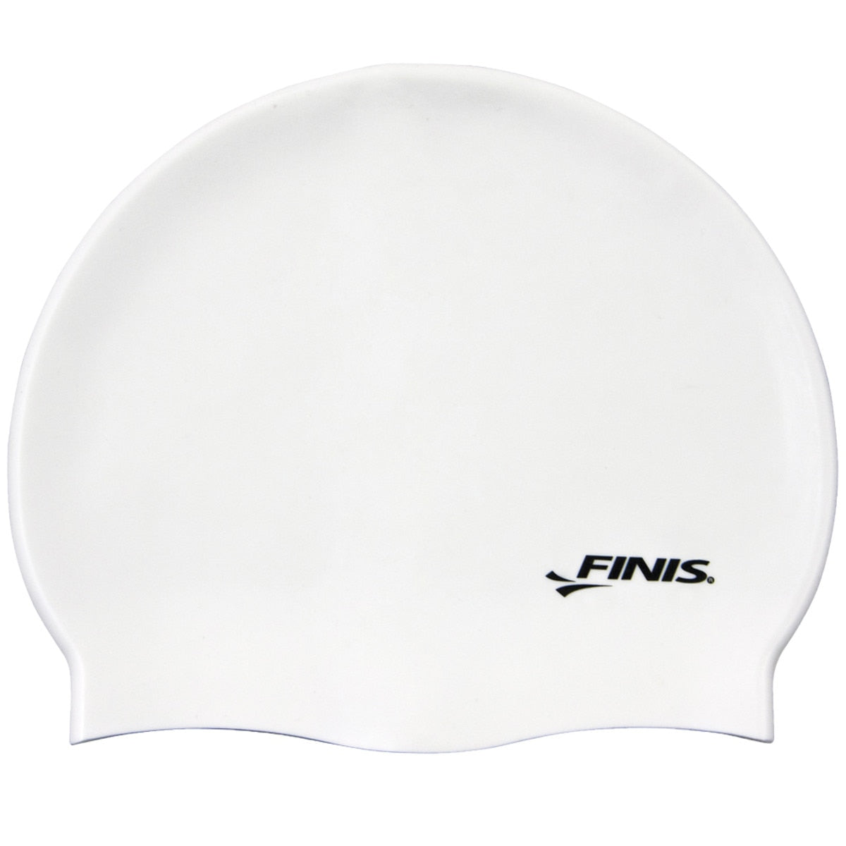 White swim cap with black 'FINIS' logo on a white background