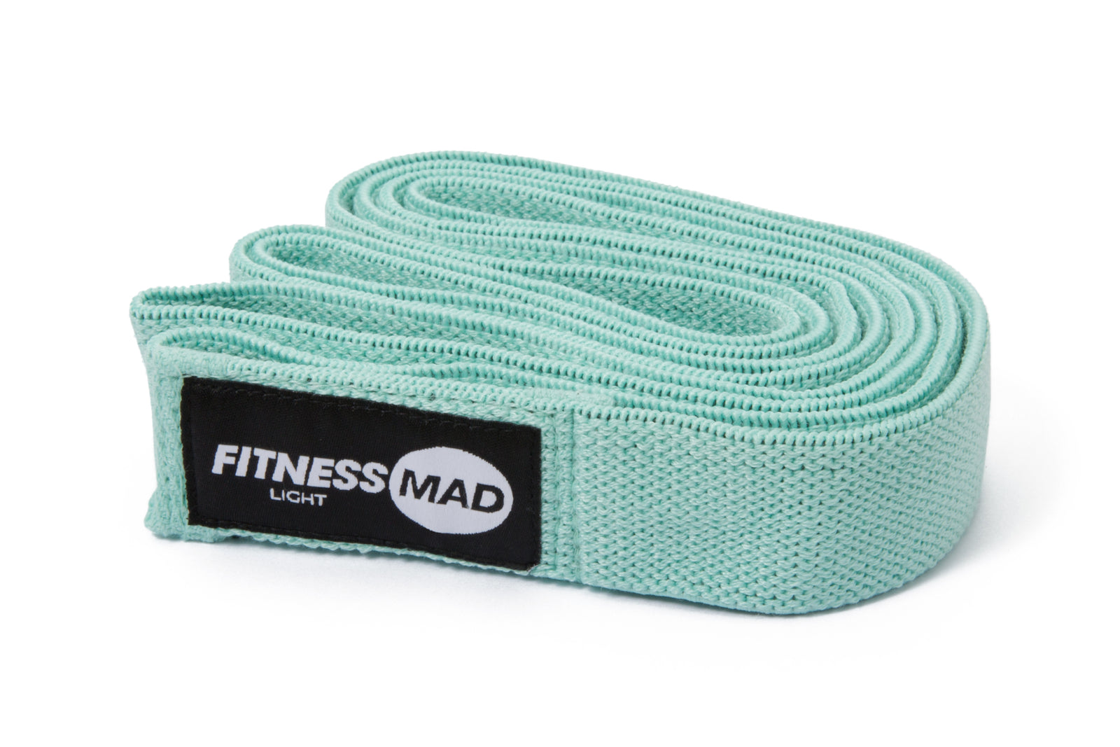 Teal resistance band with 'Fitness Mad' label 
