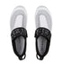fizik transiro hydra cycling shoes, breathable triathlon fast transition cycling shoe, white with black heel and strap, top down of shoes