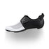 fizik transiro hydra cycling shoes, breathable triathlon fast transition cycling shoe, white with black heel and strap, inside profile of shoe