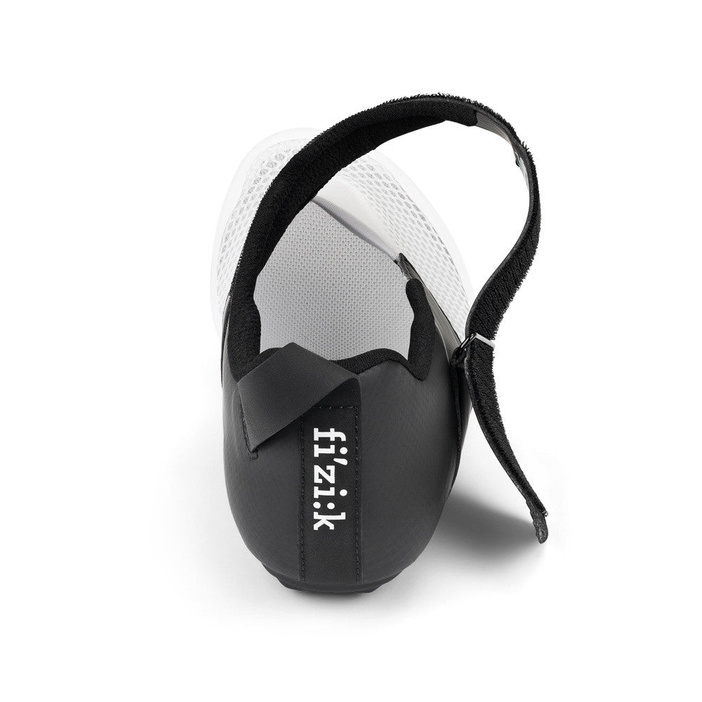 fizik transiro hydra cycling shoes, breathable triathlon fast transition cycling shoe, white with black heel and strap, heel of shoe with strap undone