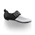 fizik transiro hydra cycling shoes, breathable triathlon fast transition cycling shoe, white with black heel and strap, side profile of shoe