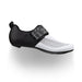 fizik transiro hydra cycling shoes, breathable triathlon fast transition cycling shoe, white with black heel and strap, side profile of shoe