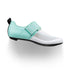 fizik transiro hydra cycling shoes, breathable triathlon fast transition cycling shoe, white with light teal heel and strap, side profile of shoe