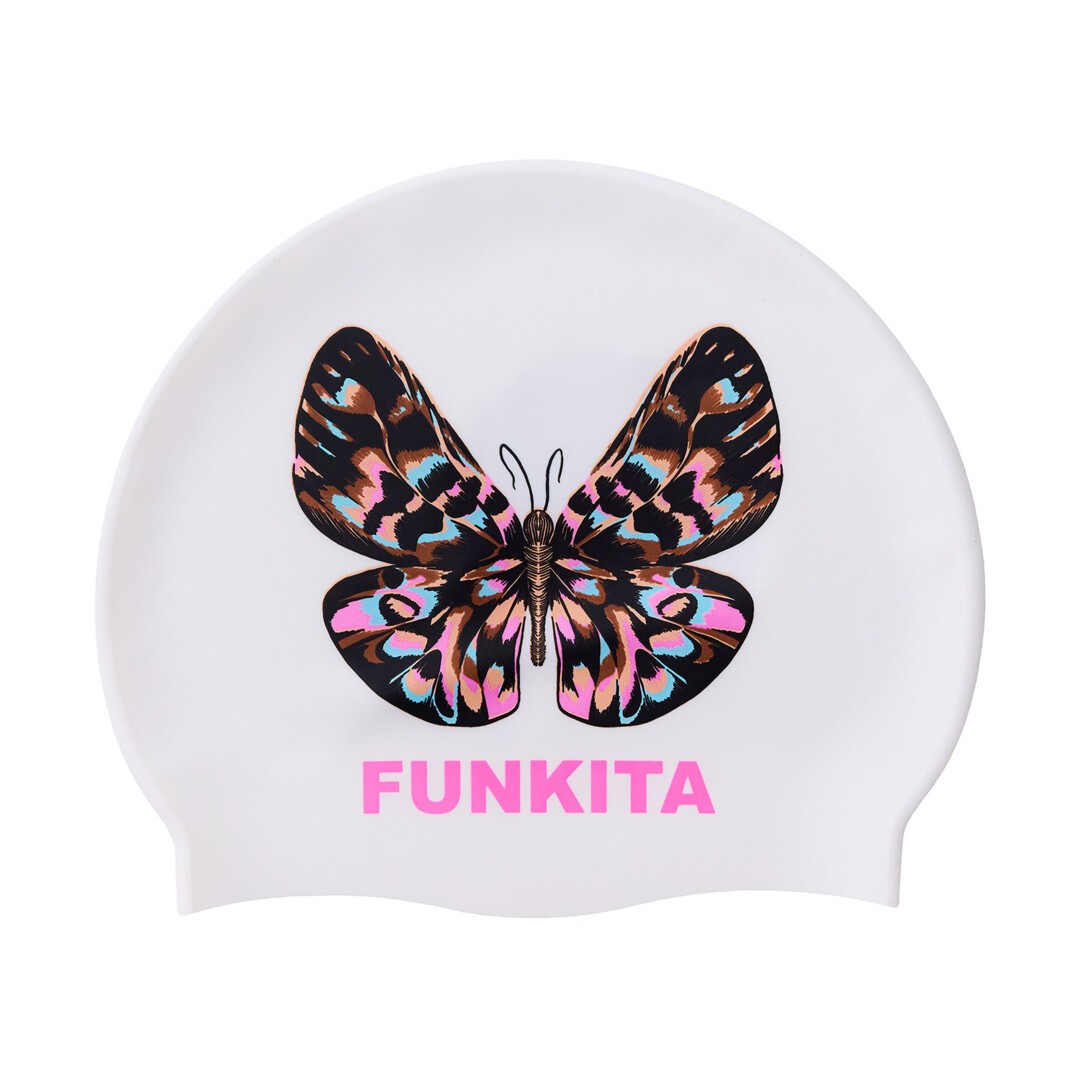 funkita swim cap for girls, pattern copper cluster, butterfly with funkita logo