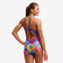 funkita diamond back swimsuit for women, pink blue and yellow palm tree and shape pattern