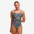 Woman wearing funkita diamond back swimsuit in bits of peace pattern, showing the front of togs