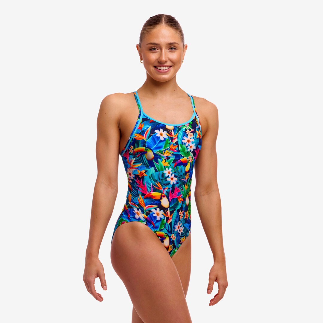 funkita diamond back swimsuit for women, blue tropical pattern with toucans